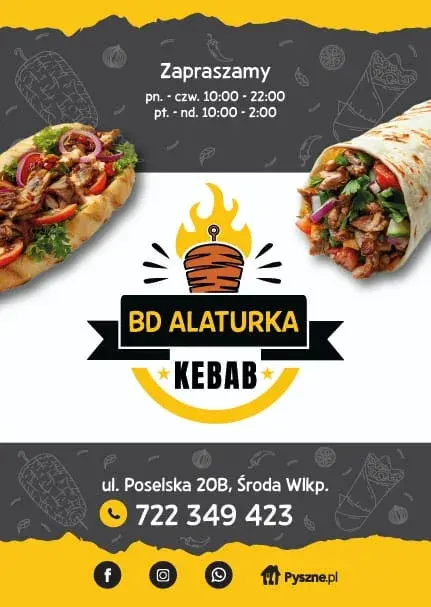BD Alaturka Kebab — godziny otwarcia, adres ul. Poselska 20B w Środzie Wielkopolskiej oraz telefon 722 349 423.