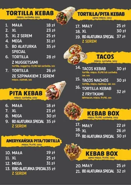 Menu BD Alaturka strona 1 — Tortilla Kebab, Pita Kebab, Amerykańska Pita/Tortilla, Tacos i Kebab Box z cenami w złotych.