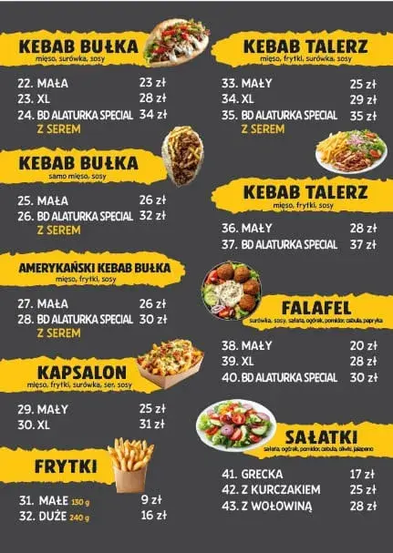Menu BD Alaturka strona 2 — Kebab Bułka, Kebab Talerz, Kapsalon, Frytki, Falafel i Sałatki z cenami w złotych.