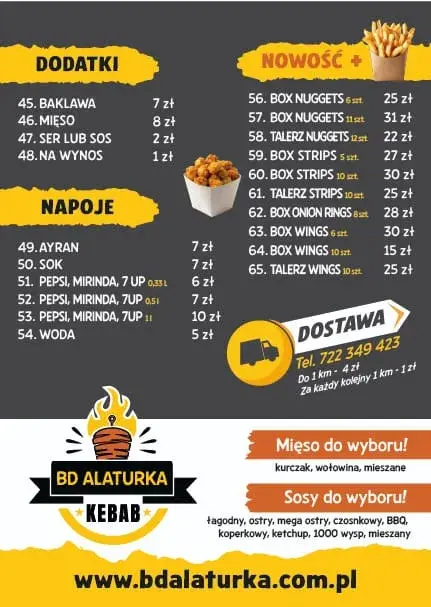 Menu BD Alaturka strona 3 — Dodatki, Napoje, Nowości (nuggetsy, stripsy, krążki cebulowe, skrzydełka) oraz informacje o dostawie i telefon 722 349 423.